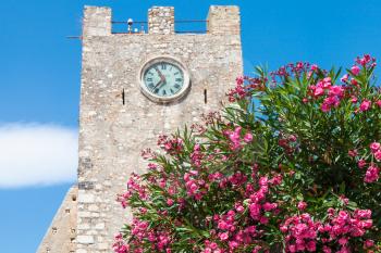 travel to Sicily, Italy - oleander tree and medieval clock tower (Torre dell Orologio) at Piazza IX Aprile in Taormina city in summer day