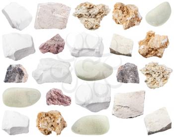 collection of various limestone sedimentary rocks (limestone, tuff, ash-tuff, , camstone, chalk, coquina, travertine, tufa, chalkstone) isolated on white background