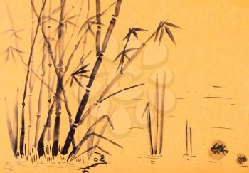 training drawing in suibokuga style with watercolor paints - cane in water of lake on orange colored paper
