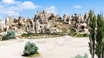 Travel to Turkey - view of ancient monastic settlement near Goreme town in Cappadocia in spring