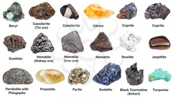 set of various minerals with names isolated on white: cassiterite, peridotite, jaspillite, prasiolite, turquoise, cuprite, beryl, howlite, citrine, goethite, schorl, pyrite, hematite, sodalite