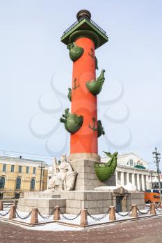 Rostral Column on spit of Vasilyevsky Island in St Petersburg city in March