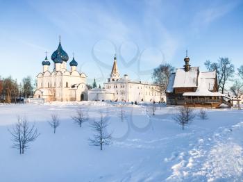 view of Suzdal Kremlin with Churches and palace in winter in Vladimir oblast of Russia