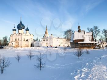 view of white Suzdal Kremlin with Chathedral and palace in winter in Vladimir oblast of Russia