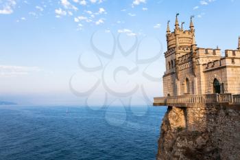 travel to Crimea - view of Swallow Nest Castle over Black Sea in Gaspra District on Crimean Southern Coast in autumn evening
