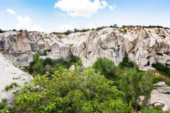 Travel to Turkey - walls of gorge with rock-cut ancient monastic settlement near Goreme town in Cappadocia in spring