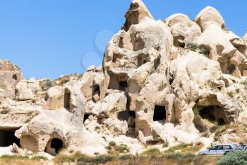 Travel to Turkey - rock-cut ancient cave churches and chapels near Goreme town in Cappadocia in spring