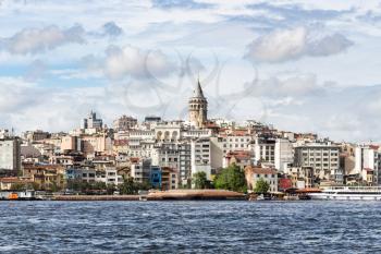 Travel to Turkey - view of Galata (Karakoy) Quarter over Golden Horn bay in Istanbul city in spring