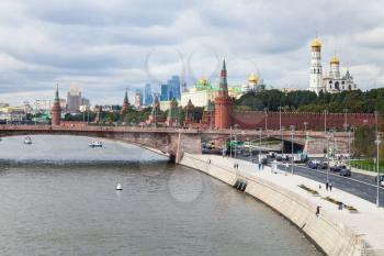 above view of Moscow city and Kremlin from Floating Bridge in Zaryadye park in Moscow city in autumn