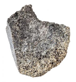 macro shooting of natural mineral rock specimen - peridotite stone isolated on white background from Kovdor region, Kola Peninsula, Russia