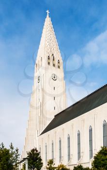 travel to Iceland - tower of Hallgrimskirkja church in Reykjavik city in september