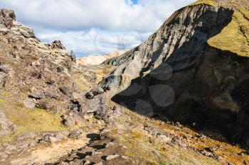 travel to Iceland - path to Graenagil gorge in Landmannalaugar area of Fjallabak Nature Reserve in Highlands region of Iceland in september