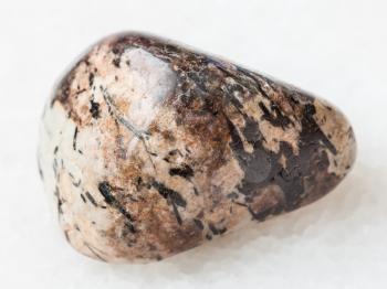 macro shooting of natural mineral rock specimen - black aegirine in Sanidine and nepheline stone on white marble background from Lovozero Massif, Kola peninsula, Russia