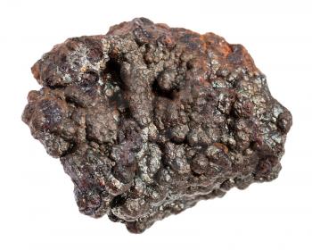 macro shooting of natural rock specimen - Goethite stone (brown iron ore) isolated on white background from Tharsis, Spain