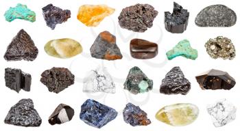 collection of various minerals isolated on white background : cassiterite, peridotite, jaspillite, prasiolite, turquoise, cuprite, beryl, howlite, citrine, goethite, schorl, pyrite, hematite, sodalite