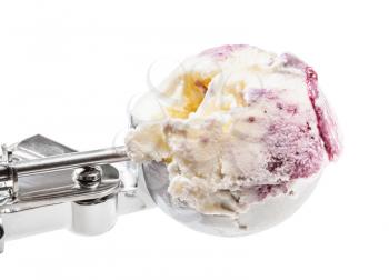 ball of ice cream with blueberries in disher scoop close up isolated on white backgrouns