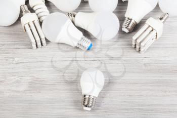 top view of white LED bulb light and several energy-saving lamps on gray wooden board