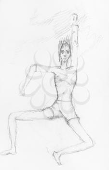 sketch of boy making sport exercise hand-drawn by black pencil on white paper