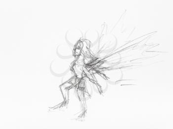 sketch of flying little fairy hand-drawn by black pencil on white paper