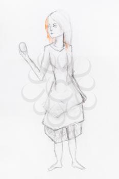 sketch of girl looking on egg in outstretched arm hand-drawn by black pencil on white paper