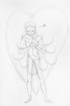 sketch of enamored girl in tight suit and large heart hand-drawn by black pencil on white paper