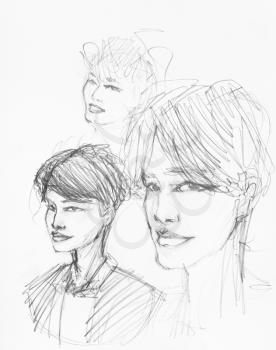 sketches of heads of boy with parting of hair hand-drawn by black pencil on white paper