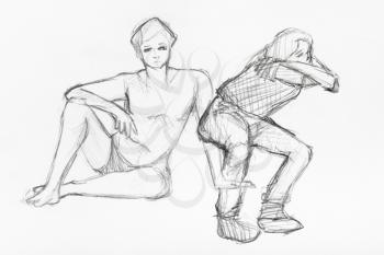 sketch of human sit and sit down motions hand-drawn by black pencil on white paper