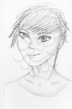 sketch of happy teenager with short hair in anime style hand-drawn by black pencil on white paper
