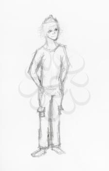 sketch of boy in casual clothes hand-drawn by black pencil on white paper