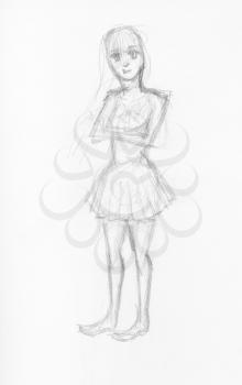 sketch of girl in short dress hand-drawn by black pencil on white paper