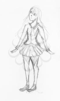 sketch of girl in wide short skirt hand-drawn by black pencil on white paper
