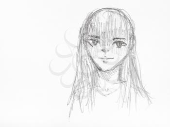 sketch of girl with long straight hair hand-drawn by black pencil on white paper