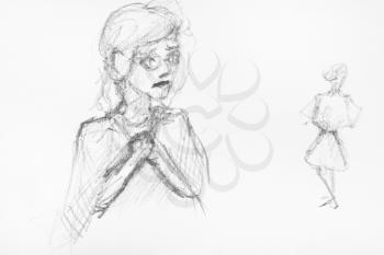 sketch of girl dreaming of new dress hand-drawn by black pencil on white paper