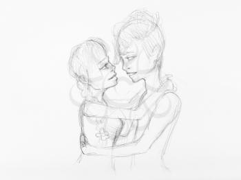 sketch of embraced couple hand-drawn by black pencil on white paper