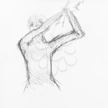 sketch of boys swinging ax hand-drawn by black pencil on white paper
