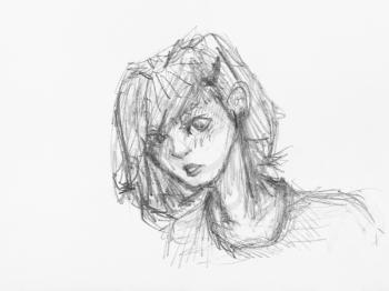 sketch of head of girl lush short hair hand-drawn by black pencil on white paper