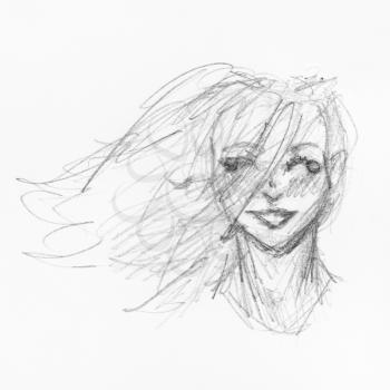 sketch of head of happy girl with hair fluttering in wind hand-drawn by black pencil on white paper