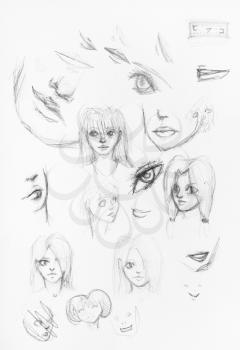 sketches of female faces hand-drawn by black pencil on white paper