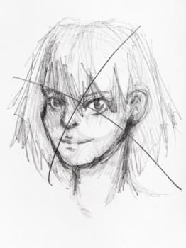 crossed out sketch of head of savage girl with hand-drawn by black pencil on white paper