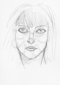 sketch of head of girl with serious face hand-drawn by black pencil on white paper