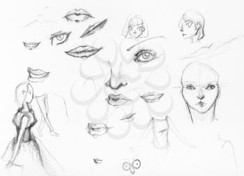 sketches of girls and detail of faces hand-drawn by black pencil on white paper