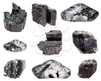 collection of various black Tourmaline (Schorl) gemstones isolated on white background