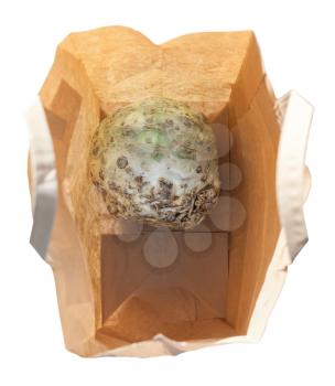 top view of celeriac in a paper bag isolated on white background