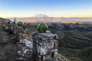 travel to North Caucasus region region - view of Mount Elbrus from observation deck on Bermamyt mountain Plateau at dawn
