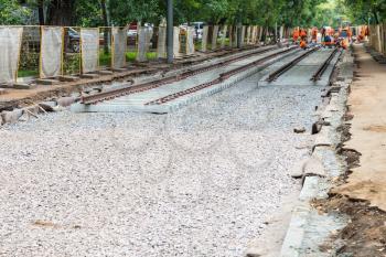 repair of tram tracks in Moscow city - laying of new rails on the tram track