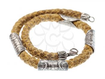 spiral vintage necklace from cotton rope with ancient silver coins isolated on white background