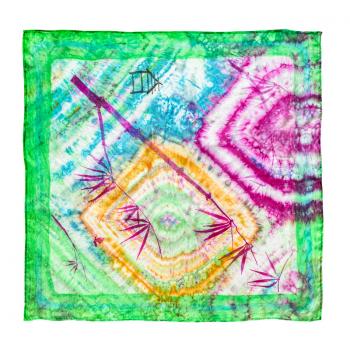 colorful colored batik silk scarf with hand-drawn bamboo twig isolated on white background