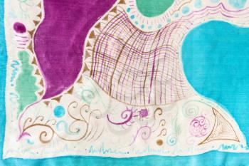 textile background - part of blue, green and purple handpainted silk scarf with abstract pattern