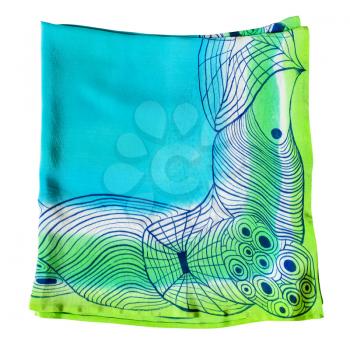 folded blue and green handpainted silk scarf with abstract pattern isolated on white background