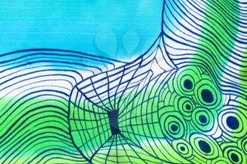textile background - part of blue and green handpainted silk scarf with abstract pattern